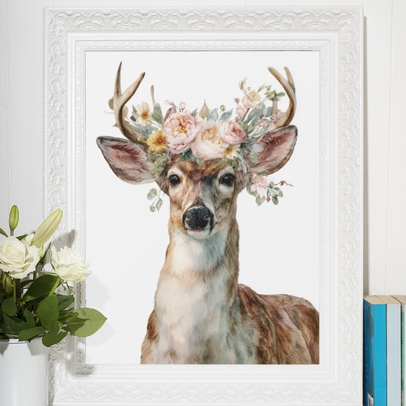 Watercolor Deer with Flower Wreath Illustration Wall Art Print Poster, Unframed - Picture 6 of 6
